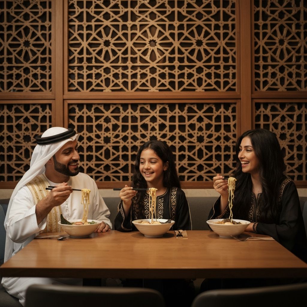 عائلة عربية تستمتع برامن ياباني أصيل في مطعم عصري