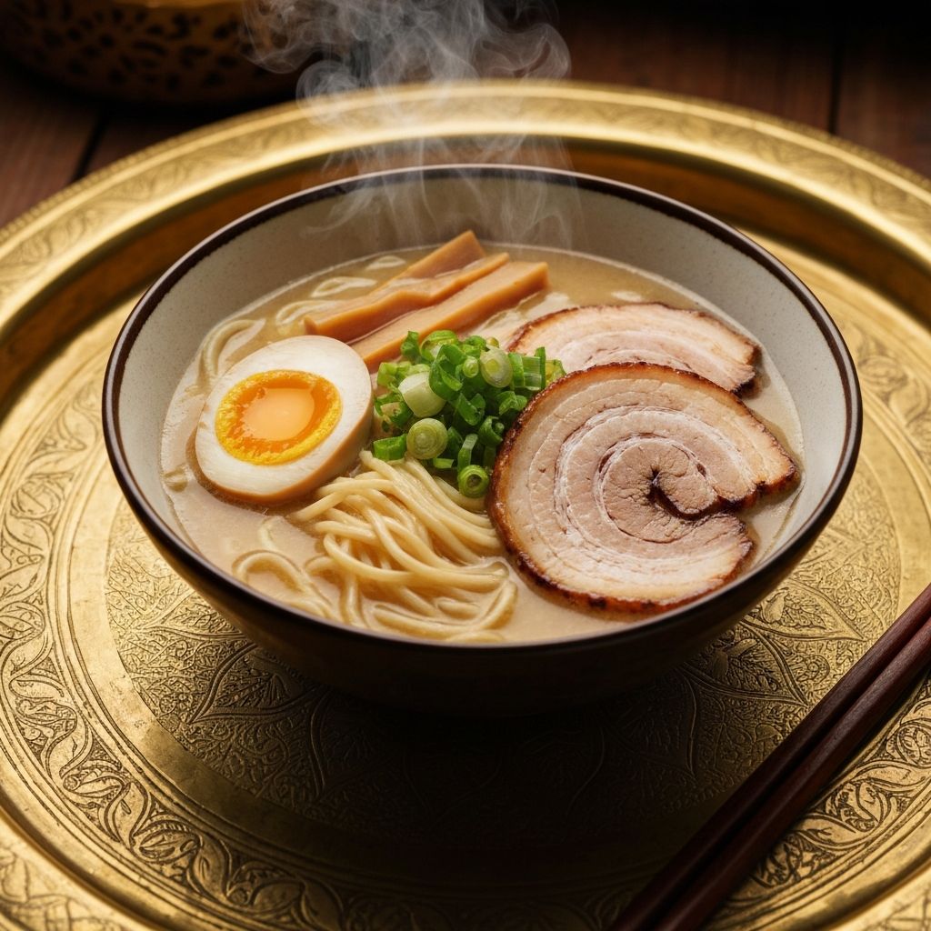 وعاء رامن تونكوتسو لذيذ مع بيض وشاسو على صينية نحاسية عربية