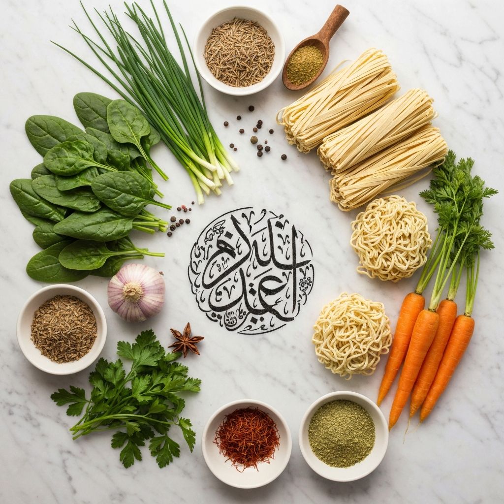 مكونات رامن طازجة مع توابل عربية وأعشاب شرق أوسطية